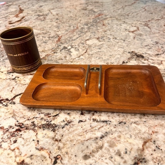 Vintage office desk set pencils pens paper clip sticky note organizer walnut - Picture 7 of 10